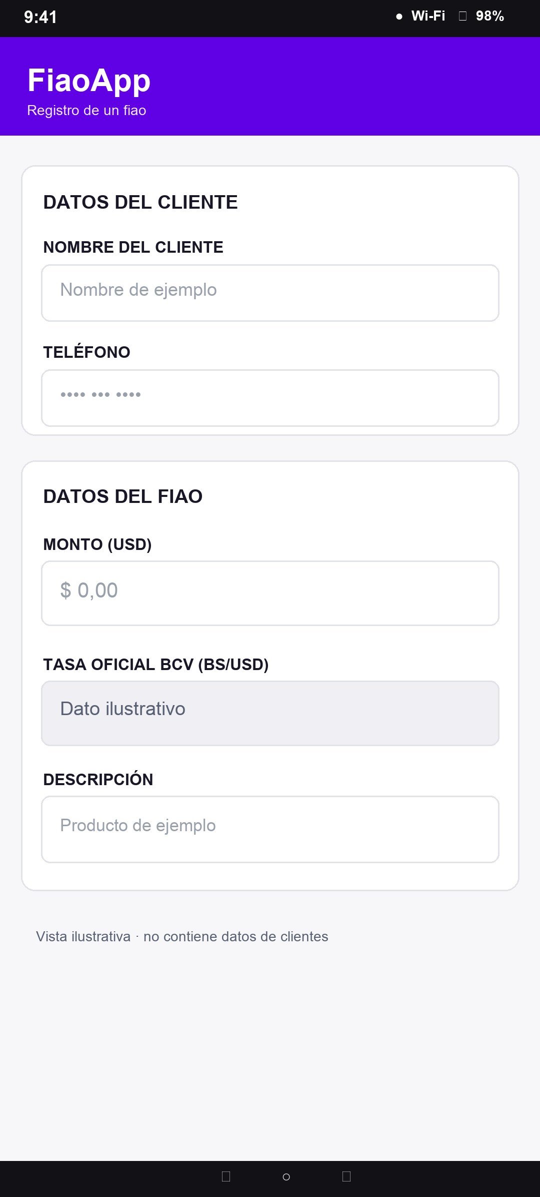 Vista ilustrativa del registro de un fiao con datos ficticios
