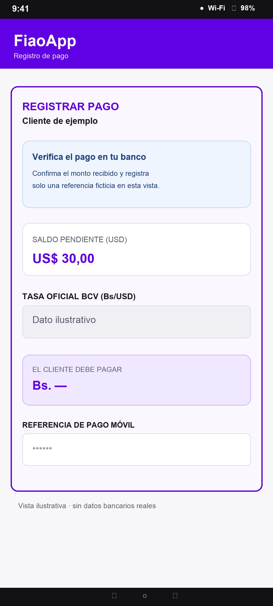 Vista ilustrativa de cobranza con datos ficticios
